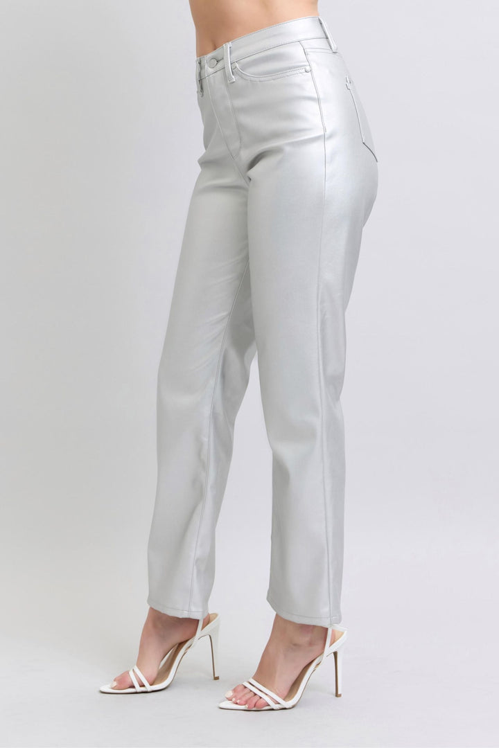Judy Blue Jeans 88899 high-waisted metallic silver faux leather straight-leg pants.