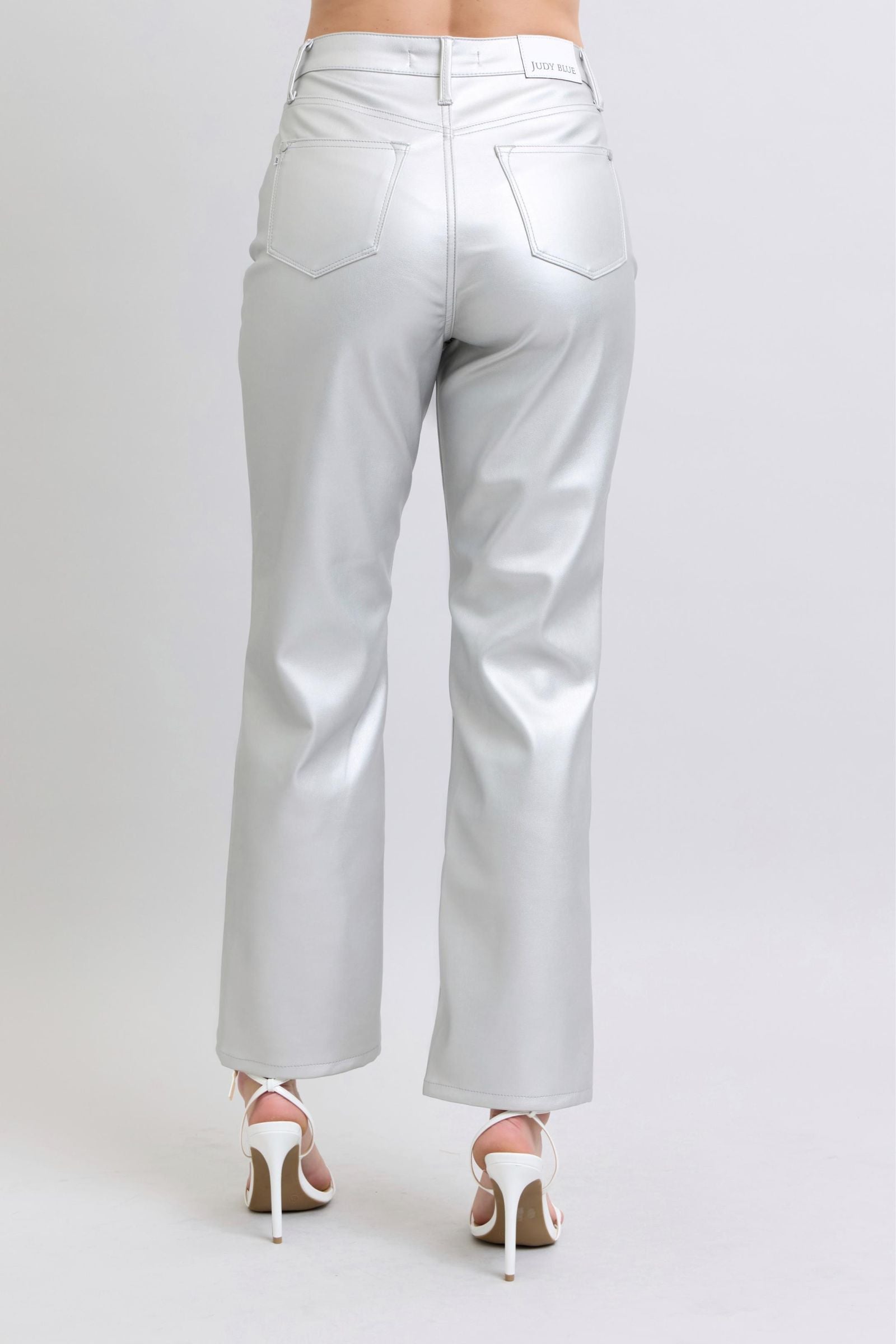 Judy Blue Jeans 88899 metallic silver faux leather pants, high-waisted tummy control straight-leg.