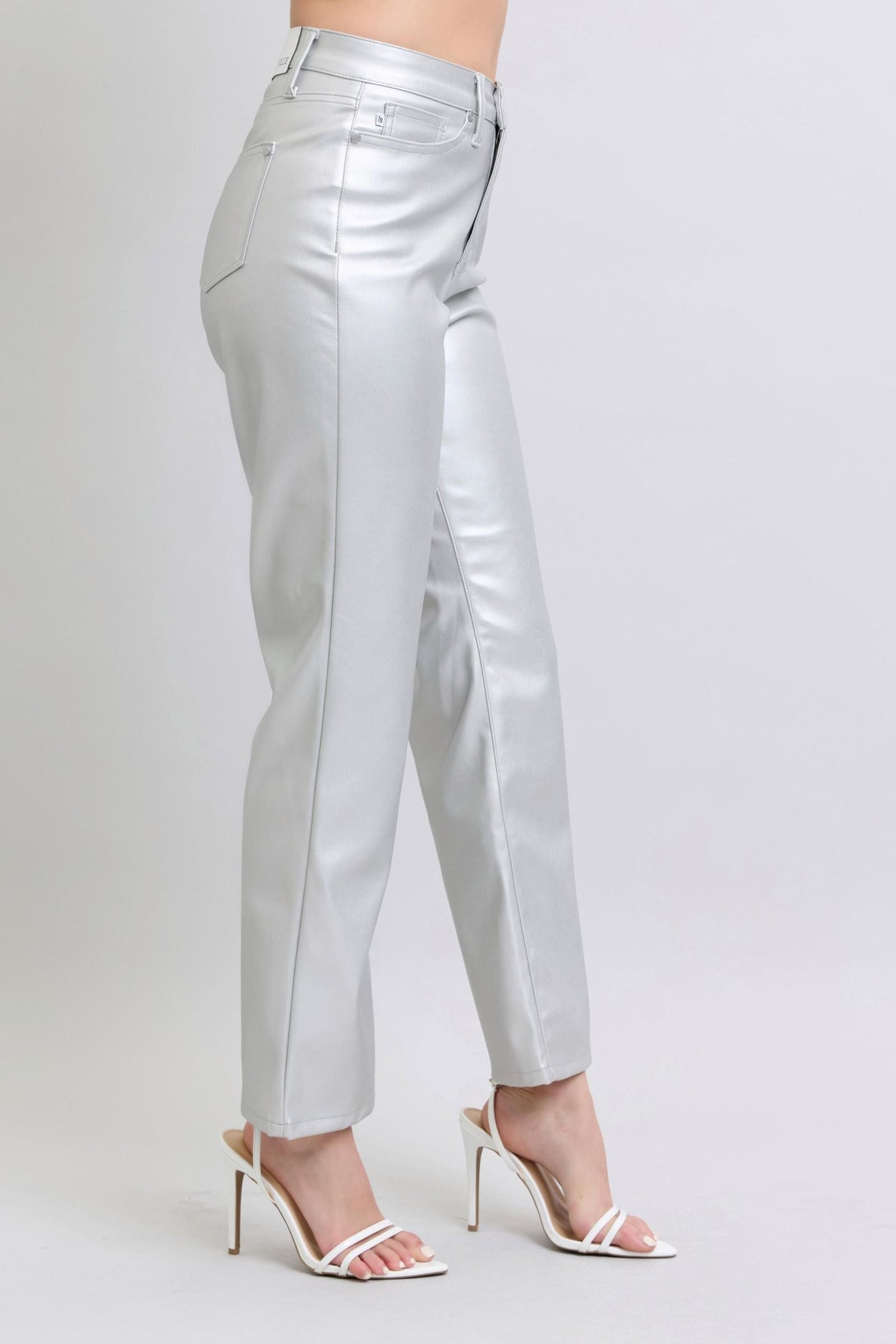 Metallic silver faux leather straight-leg pants, high-waisted tummy control, Judy Blue Jeans 88899.