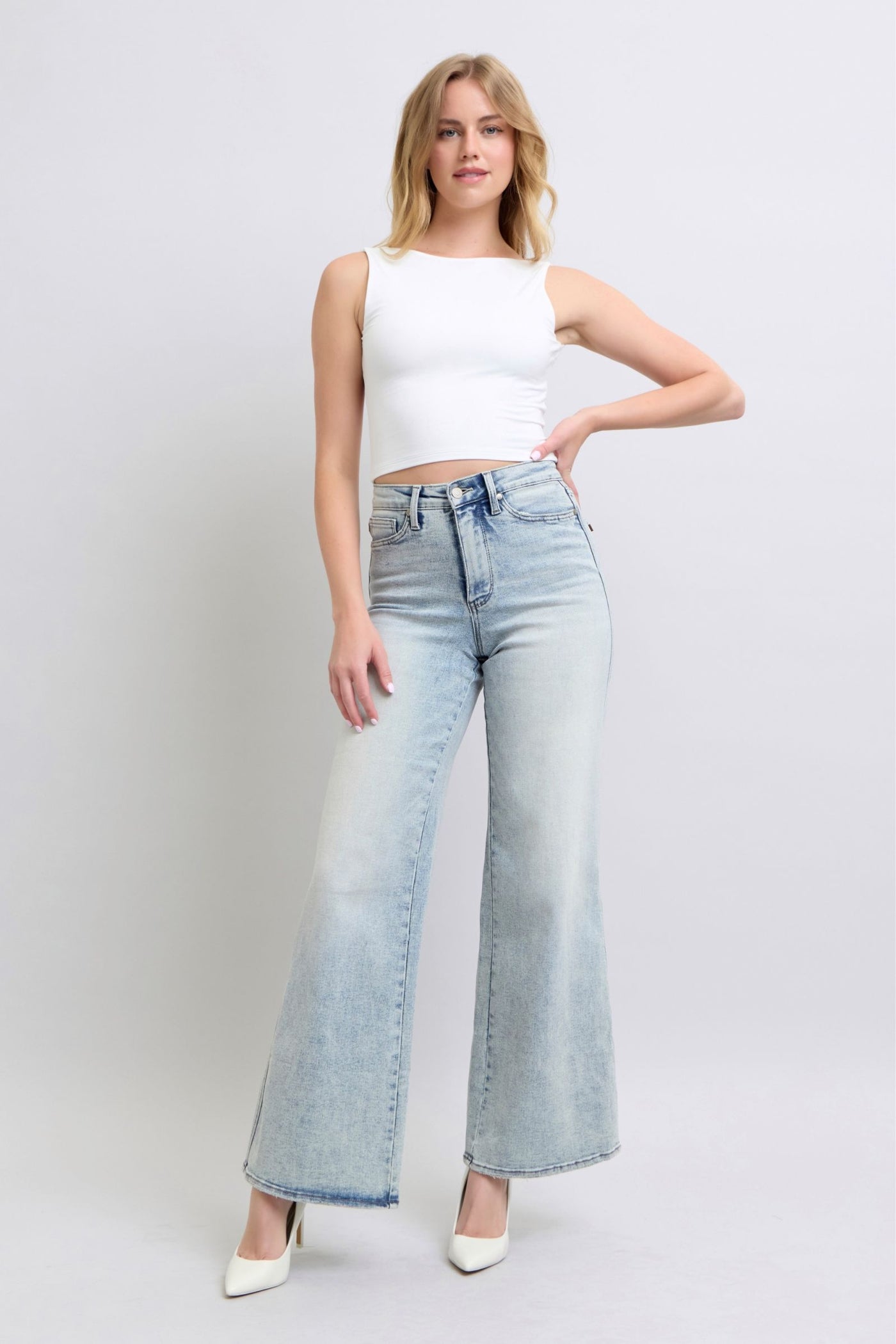 Judy Blue Jeans 88867, high waist retro wide-leg denim, model wearing white top, perfect mix of comfort and style.