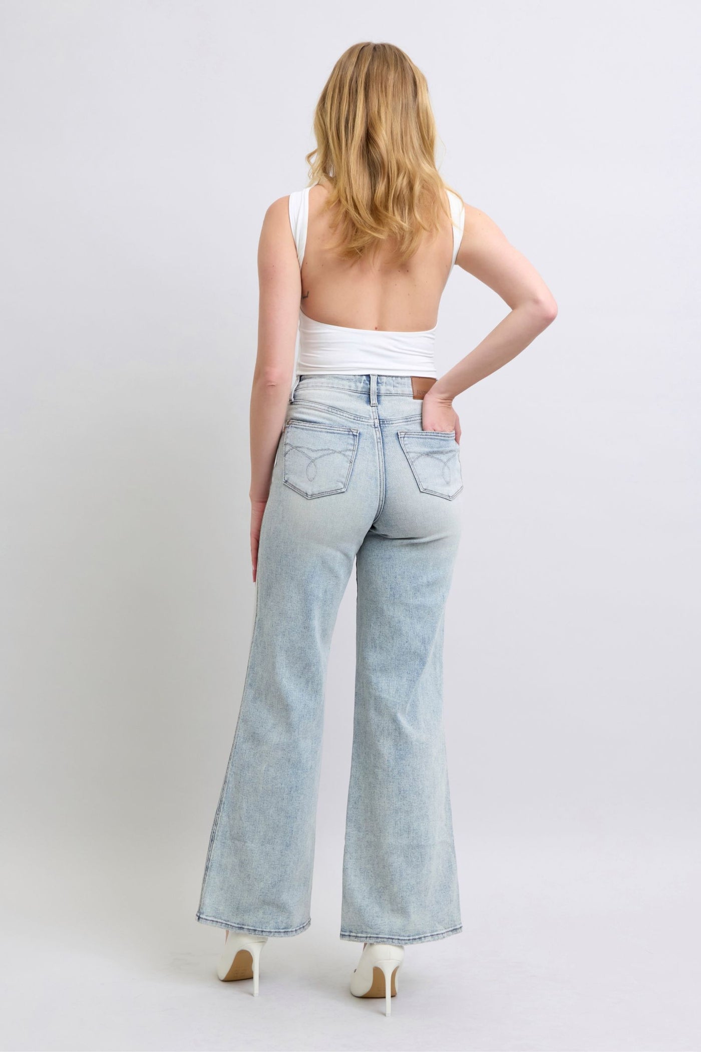 Judy Blue Jeans 88867, high waist, tummy control, retro wide leg, back view.