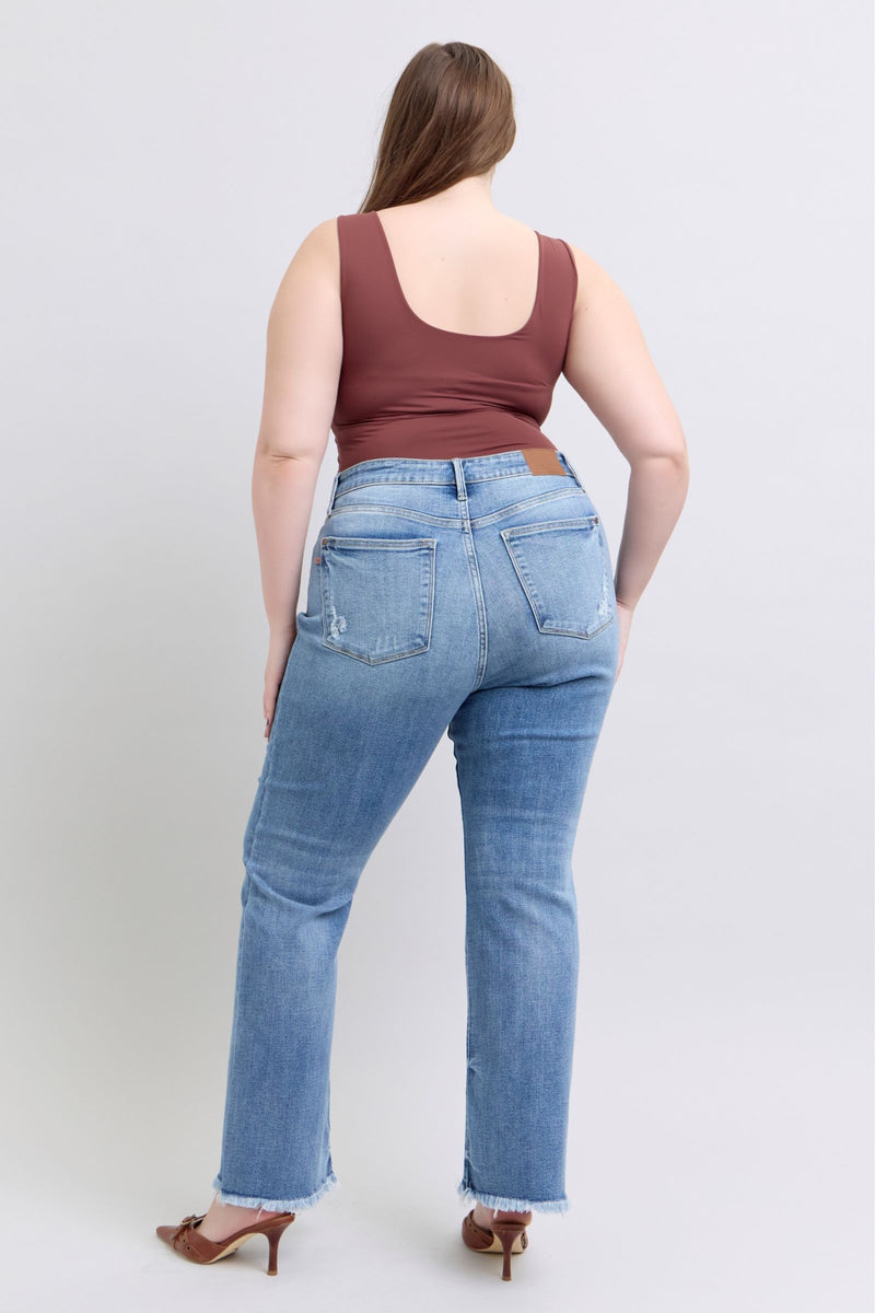 Judy Blue Jeans high waist frayed hem bootcut jeans in size 16W on model 5&