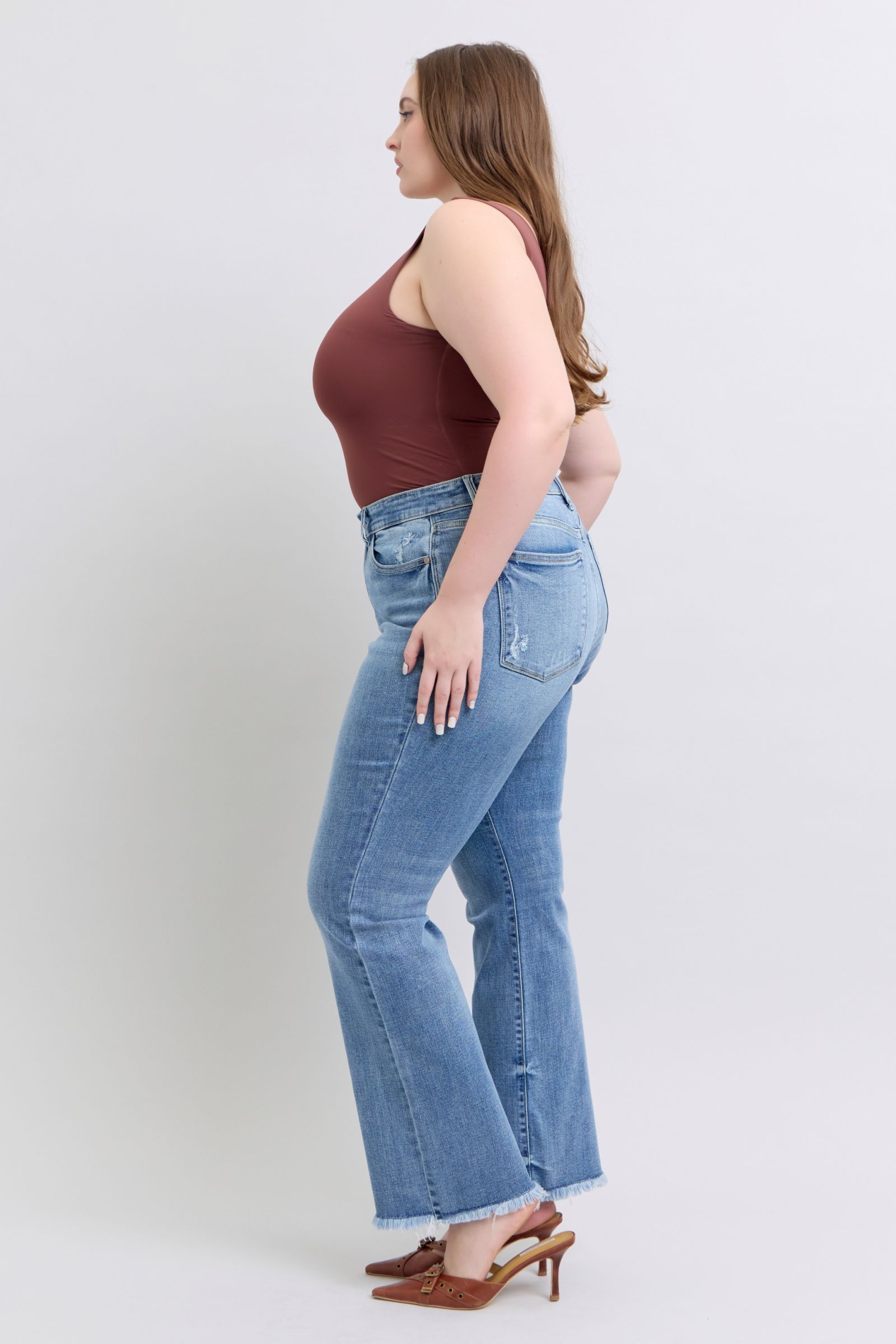 Judy Blue Jeans 82486 high waist frayed hem bootcut on model.