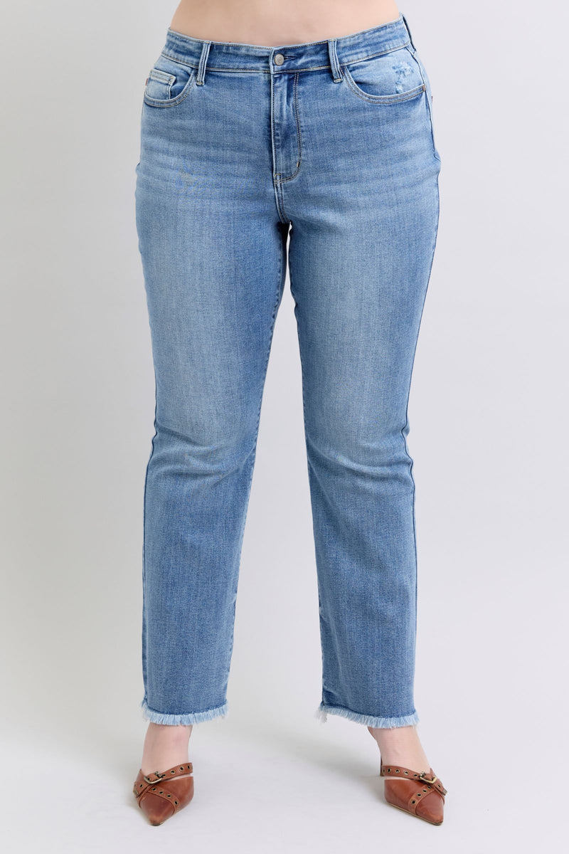 Judy Blue Jeans high waist frayed hem bootcut jeans on model size 16W