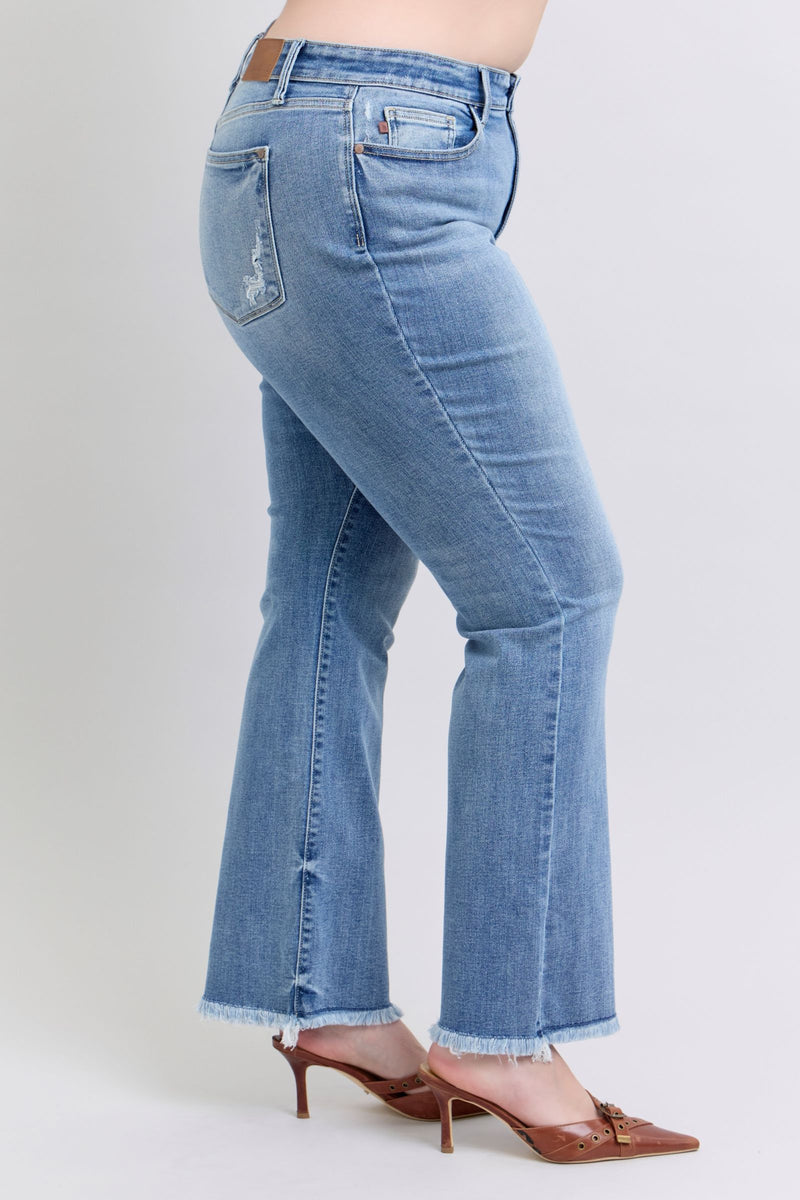 Judy Blue Jeans high waist frayed hem bootcut jeans in size 16W on model 5&