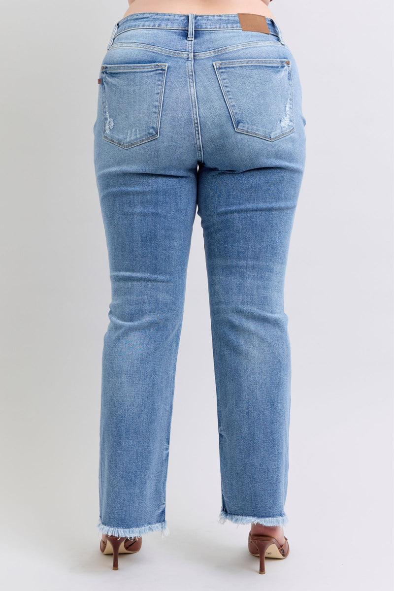 Judy Blue Jeans high waist frayed hem bootcut in size 16W on model 5&