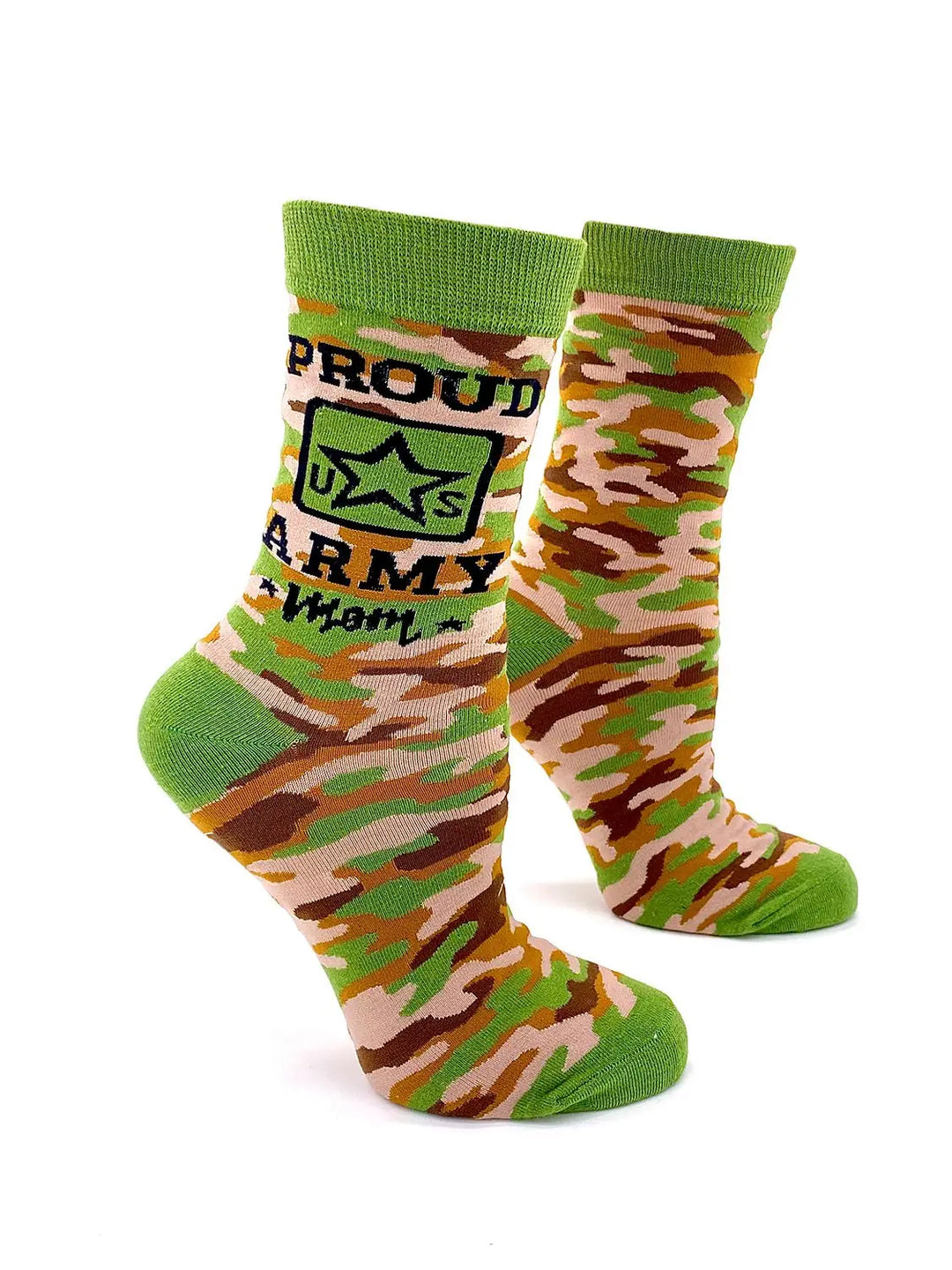 Pair of camo green "Proud US Army Mom" women's crew socks