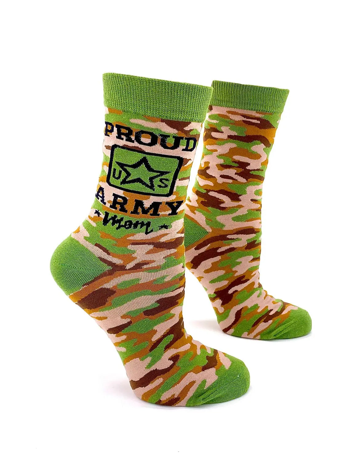 Pair of camo green "Proud US Army Mom" women's crew socks