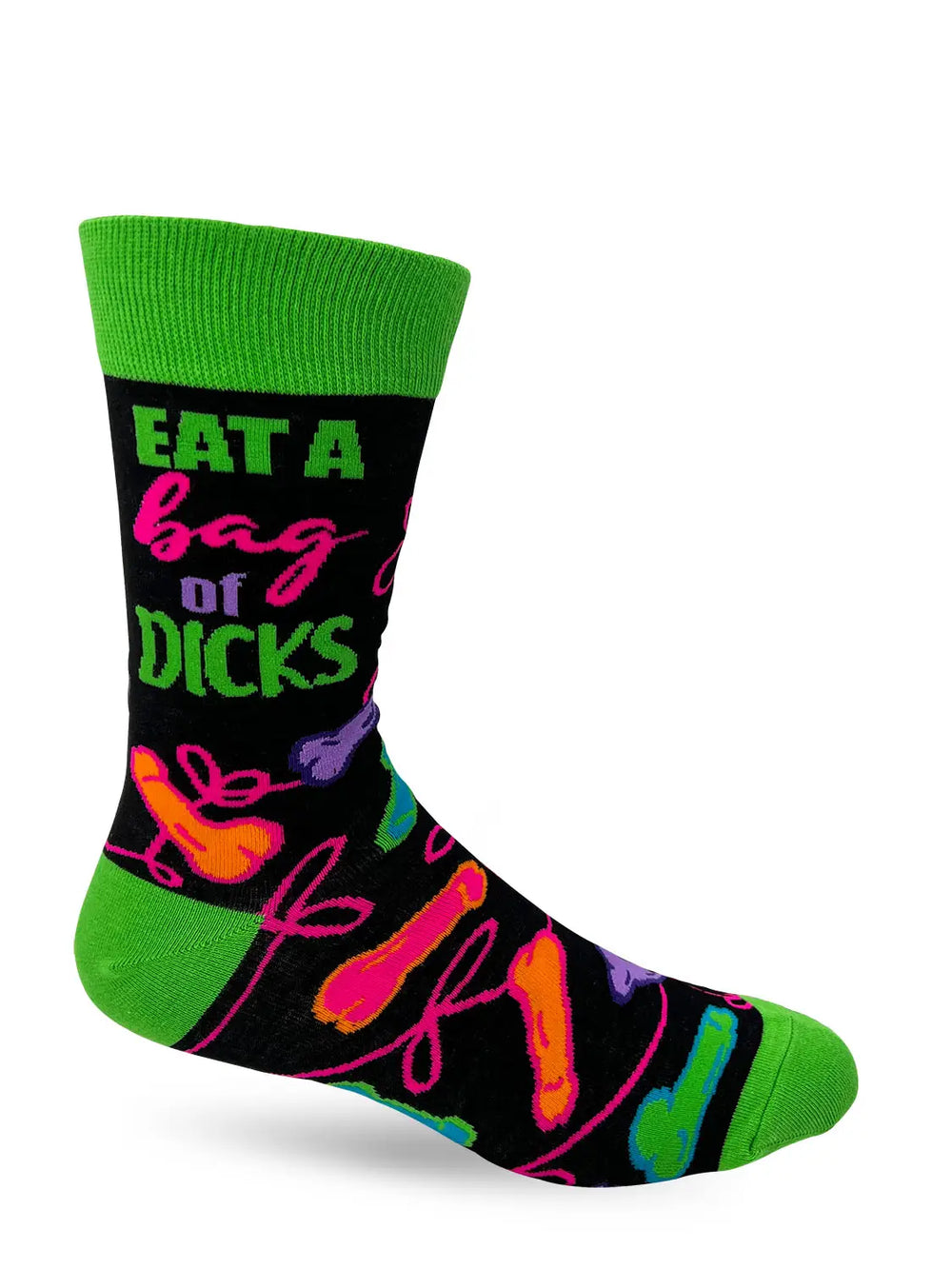 Men's novelty crew socks with bold "Eat A Bag Of D***s" text and colorful graphic design, green cuff and toe, fits men's shoe sizes 7-12