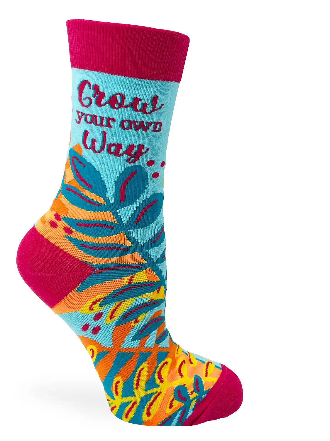 Colorful women's crew socks with "Grow Your Own Way" floral design and inspirational message