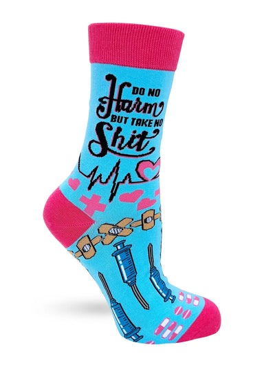 Women's blue and pink crew socks with "Do No Harm But Take No S***" text, medical-themed design, and comfortable fit for sizes 5-10.