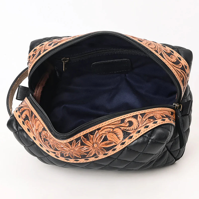 American Darling Toiletry Bag in quilted black leather with detailed floral tooled trim and spacious interior lining