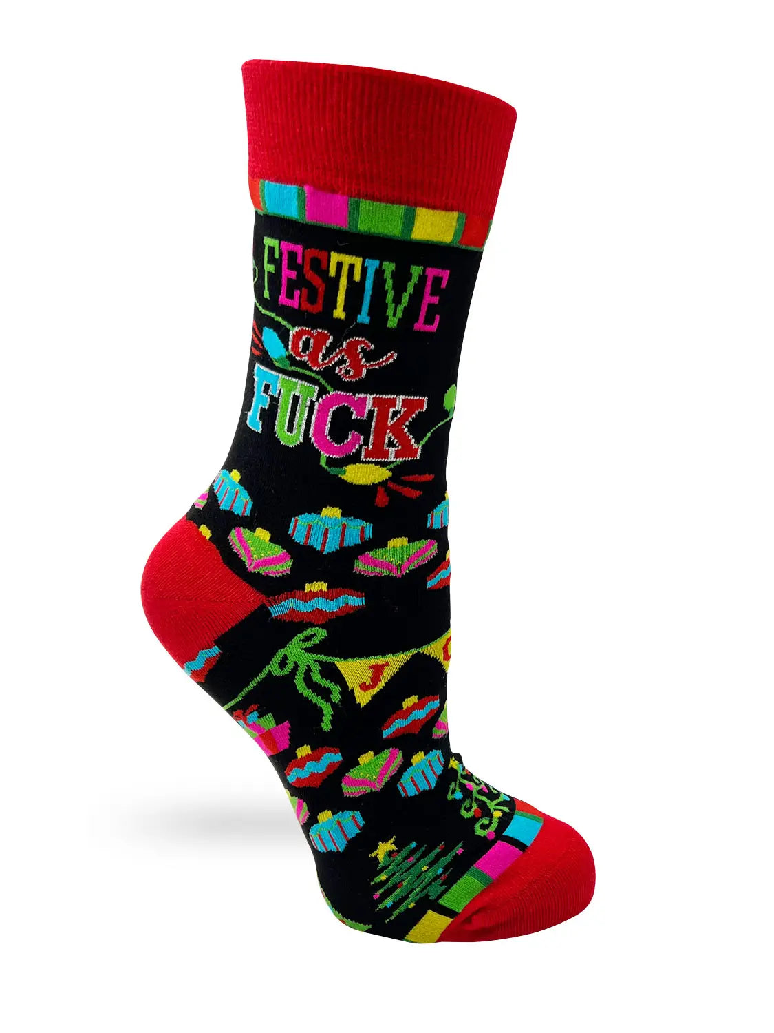 Black and red festive novelty women's socks with colorful "Festive As F***" text and holiday-themed patterns.