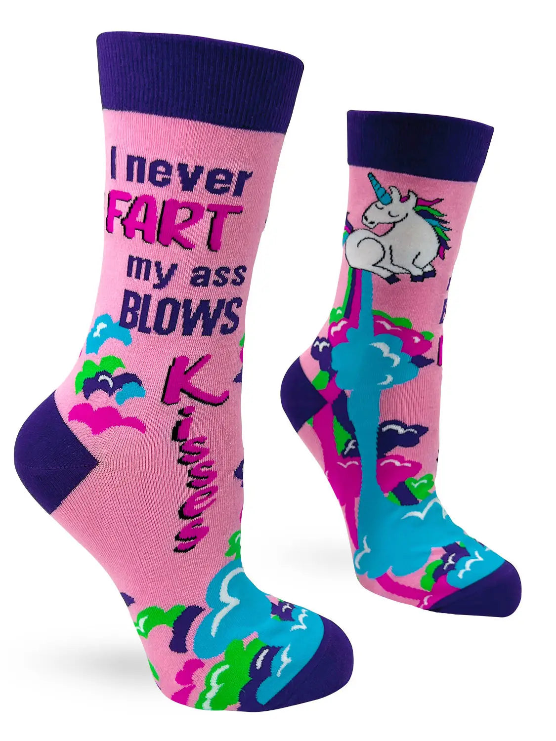Pink women's crew socks with "I never fart my ass blows kisses" text and colorful unicorn design, soft and stretchy cotton blend.