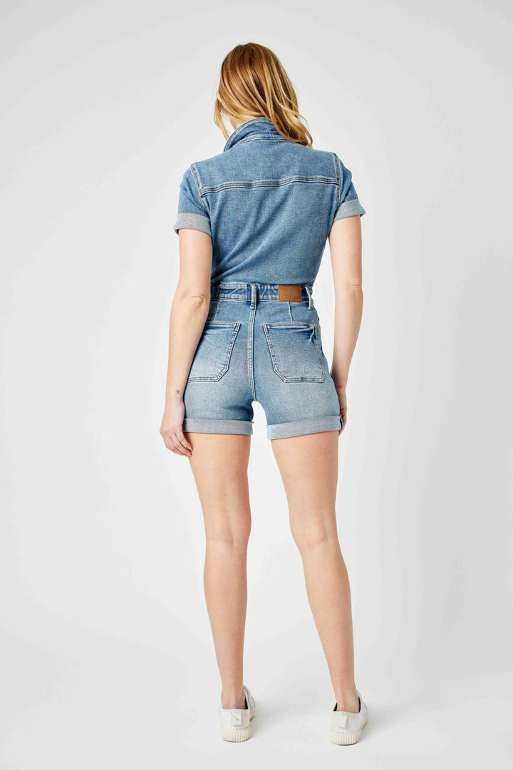 Woman wearing Judy Blue Overalls high waisted short sleeve denim romper from back view