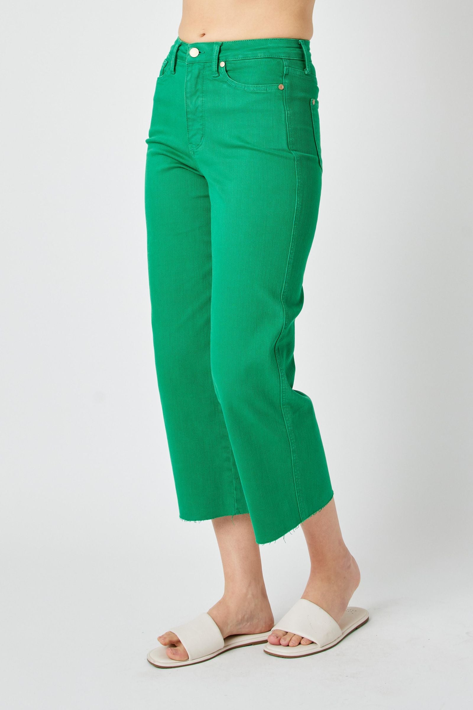 Judy Blue Jeans high waist green wide leg crop pants with tummy control and 24.75" inseam