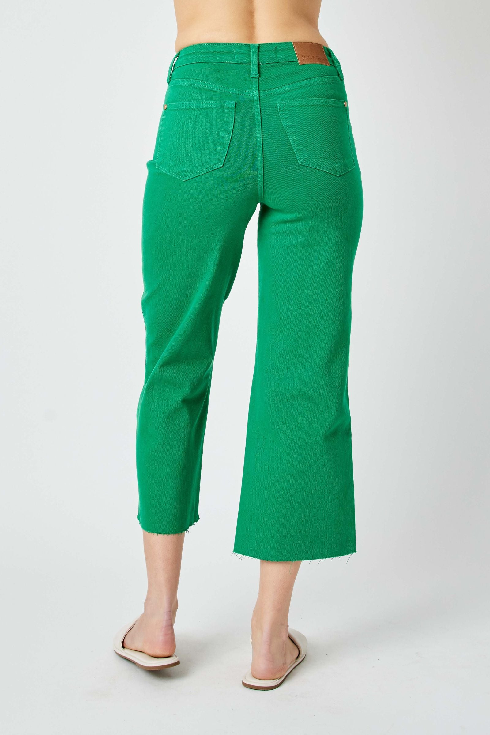 Judy Blue Jeans high waist wide leg crop jeans in kelly green with tummy control and 24.75 inch inseam