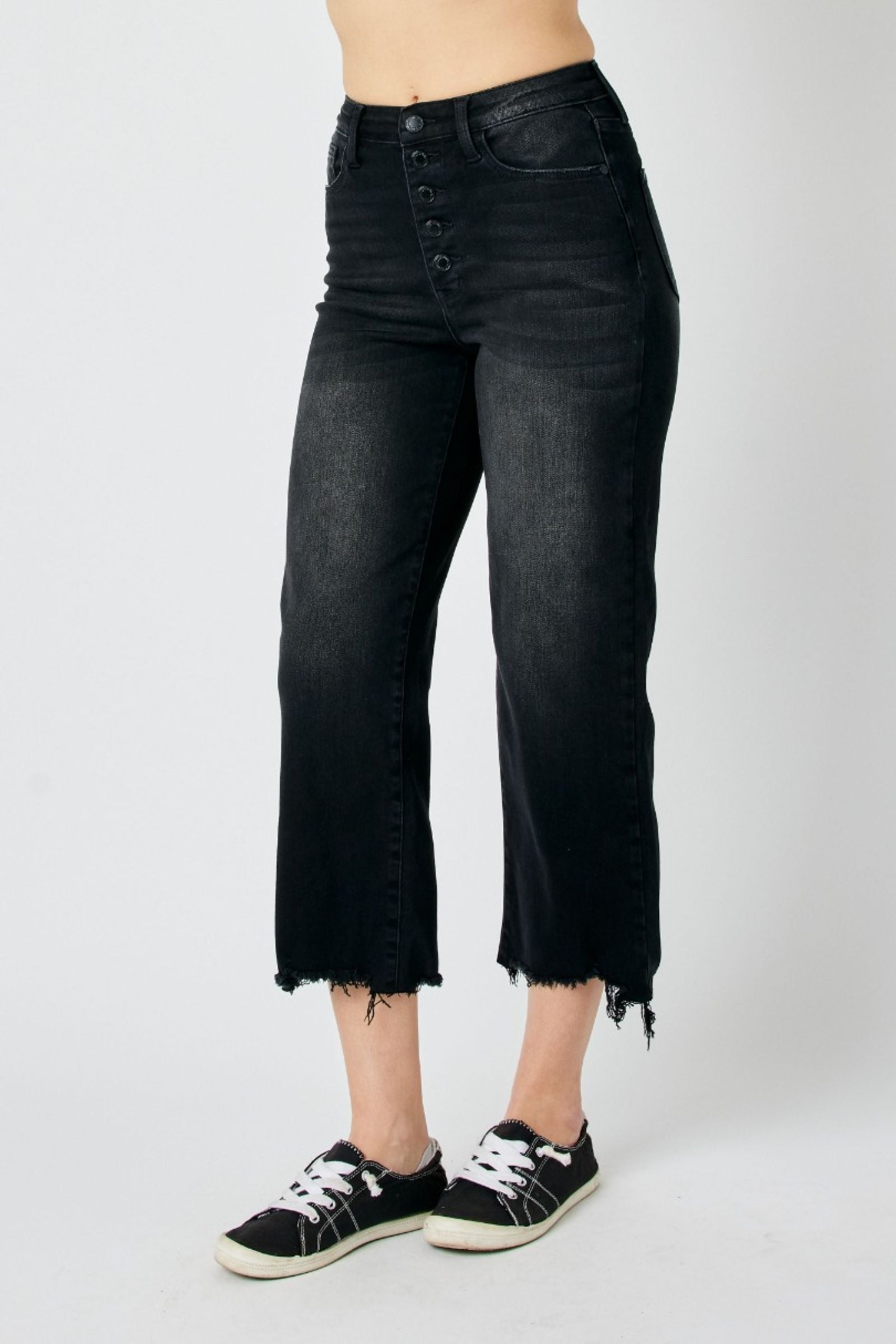 High-rise fit Judy Blue Jeans 88829 with distressed crop wide leg and raw hem design.