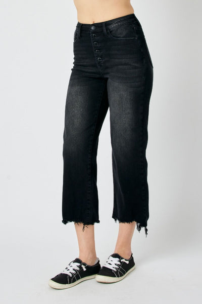 High-rise fit Judy Blue Jeans 88829 with distressed crop wide leg and raw hem design.