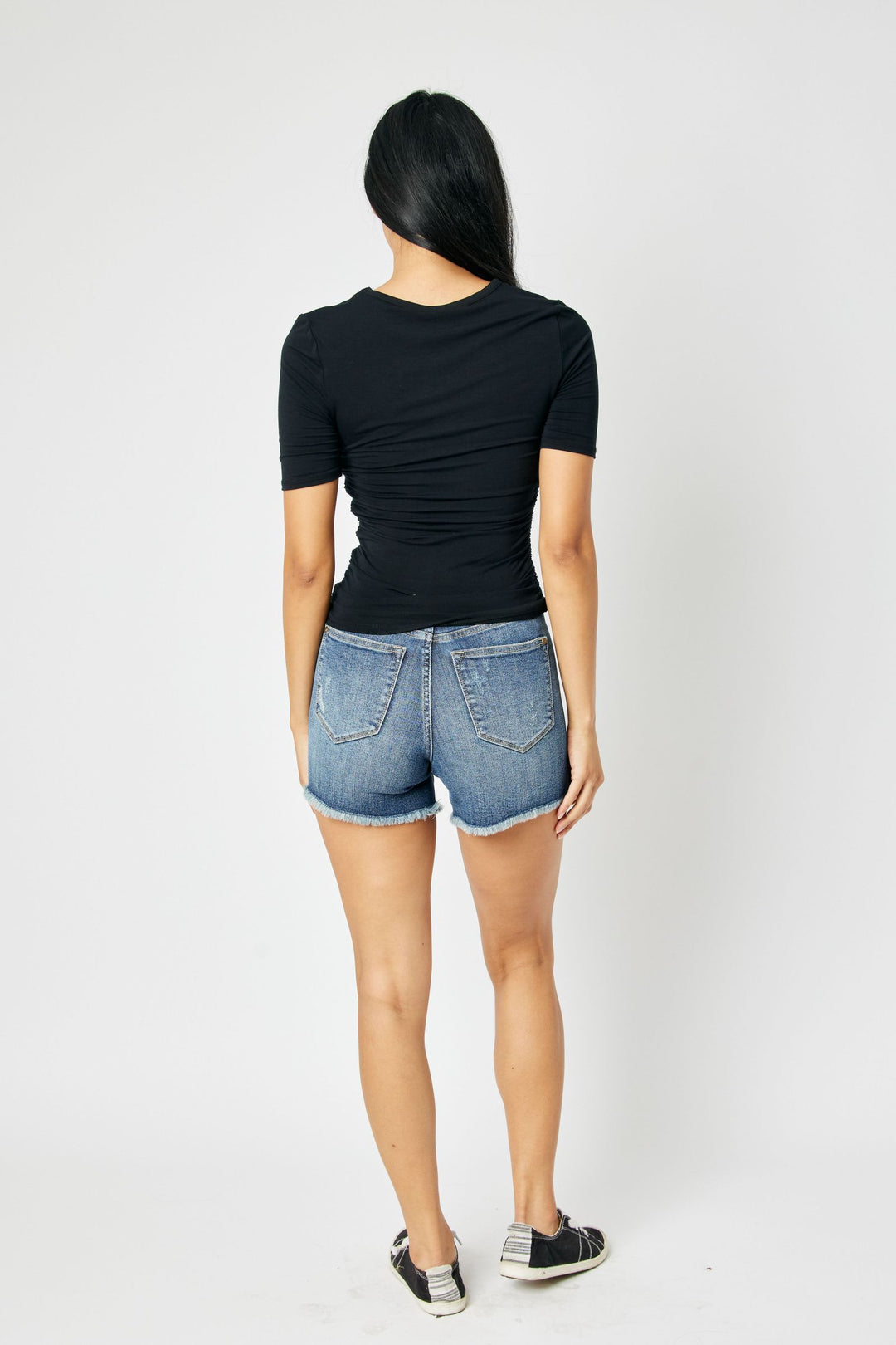 Judy Blue high waist tummy control fray hem shorts with 5.5-inch inseam in cotton blend fabric