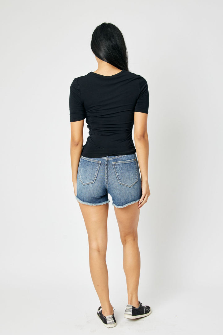 Judy Blue high waist tummy control fray hem shorts with 5.5-inch inseam in cotton blend fabric