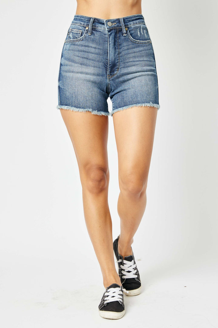 Judy Blue high waist tummy control fray hem shorts in denim with 5.5 inch inseam