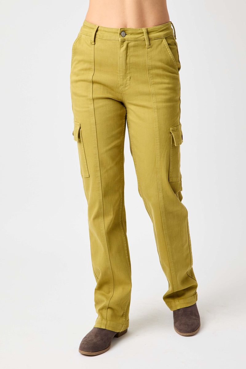 Judy Blue Jeans high waisted garment dyed straight cargo pants in olive with pockets and 32-inch inseam