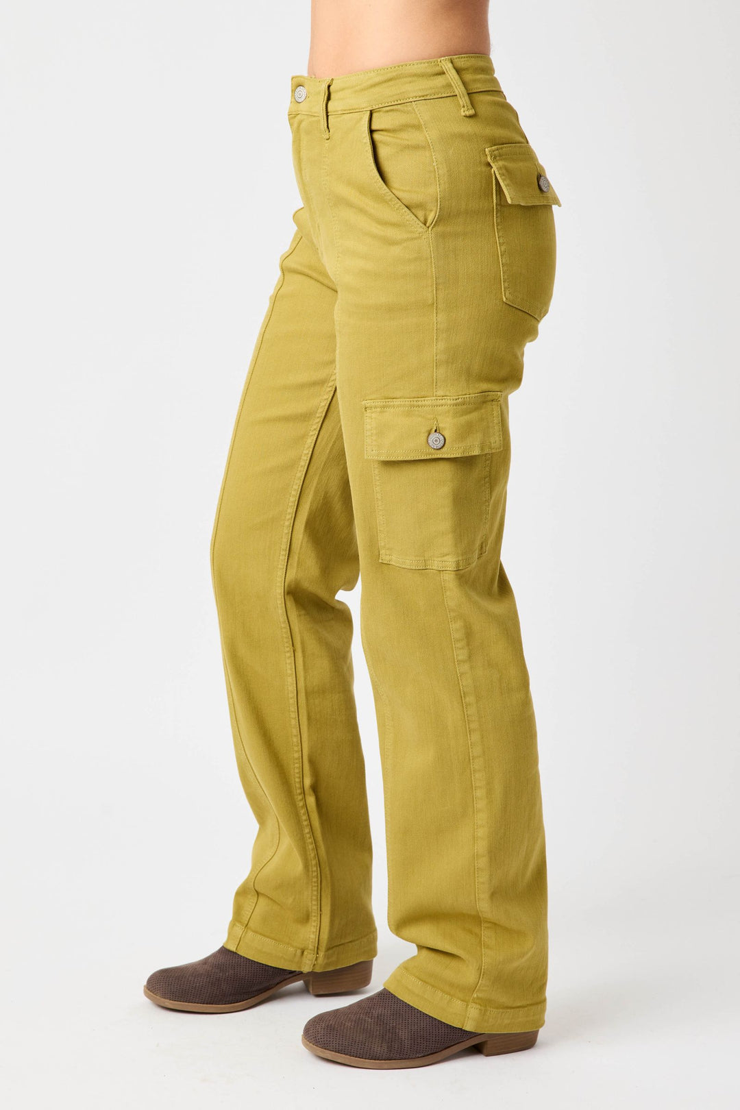 Judy Blue Jeans high waisted straight cargo pants in garment dyed olive with button flap pockets