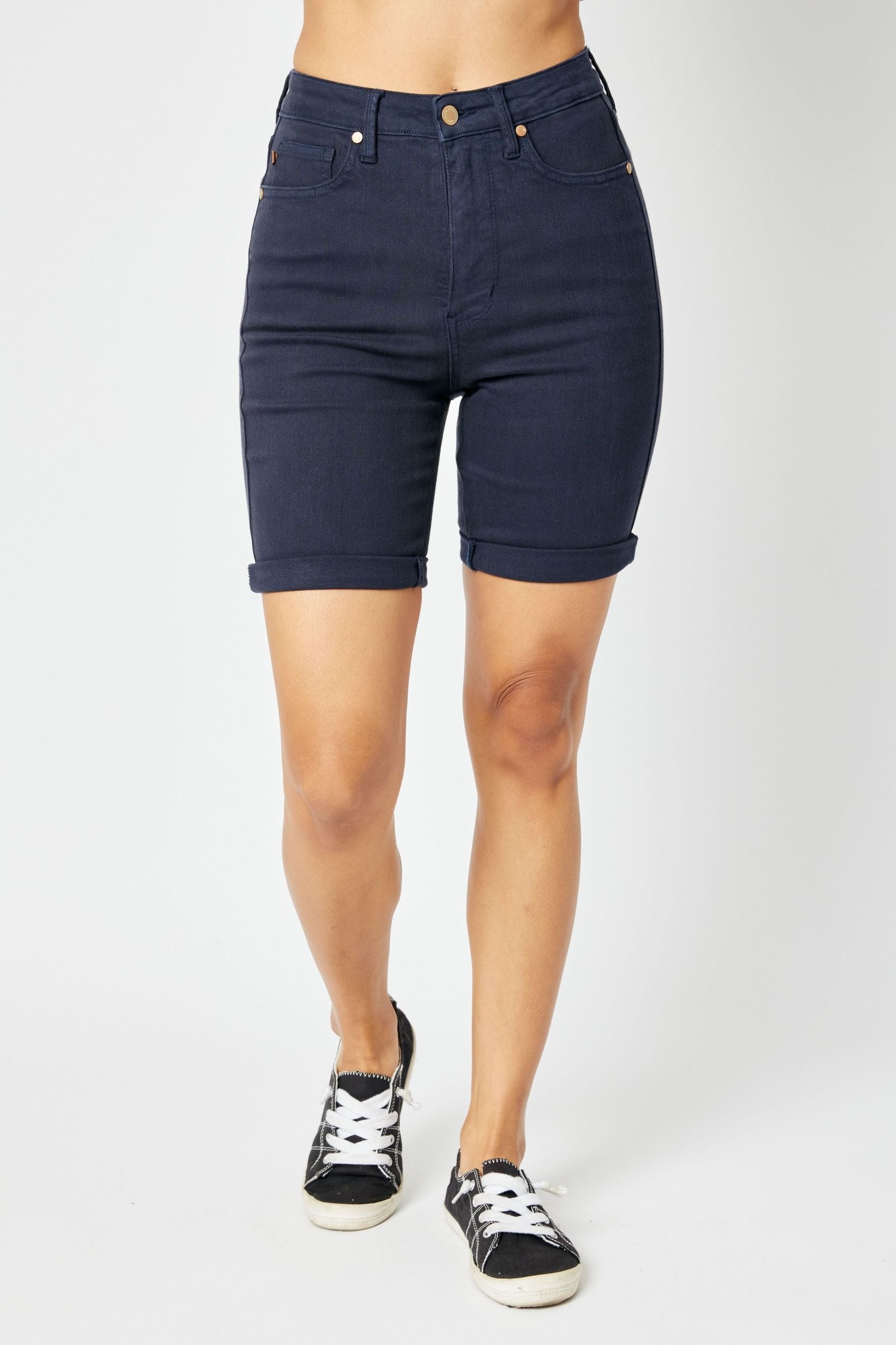 High-rise navy Bermuda shorts with tummy control, Judy Blue Shorts.