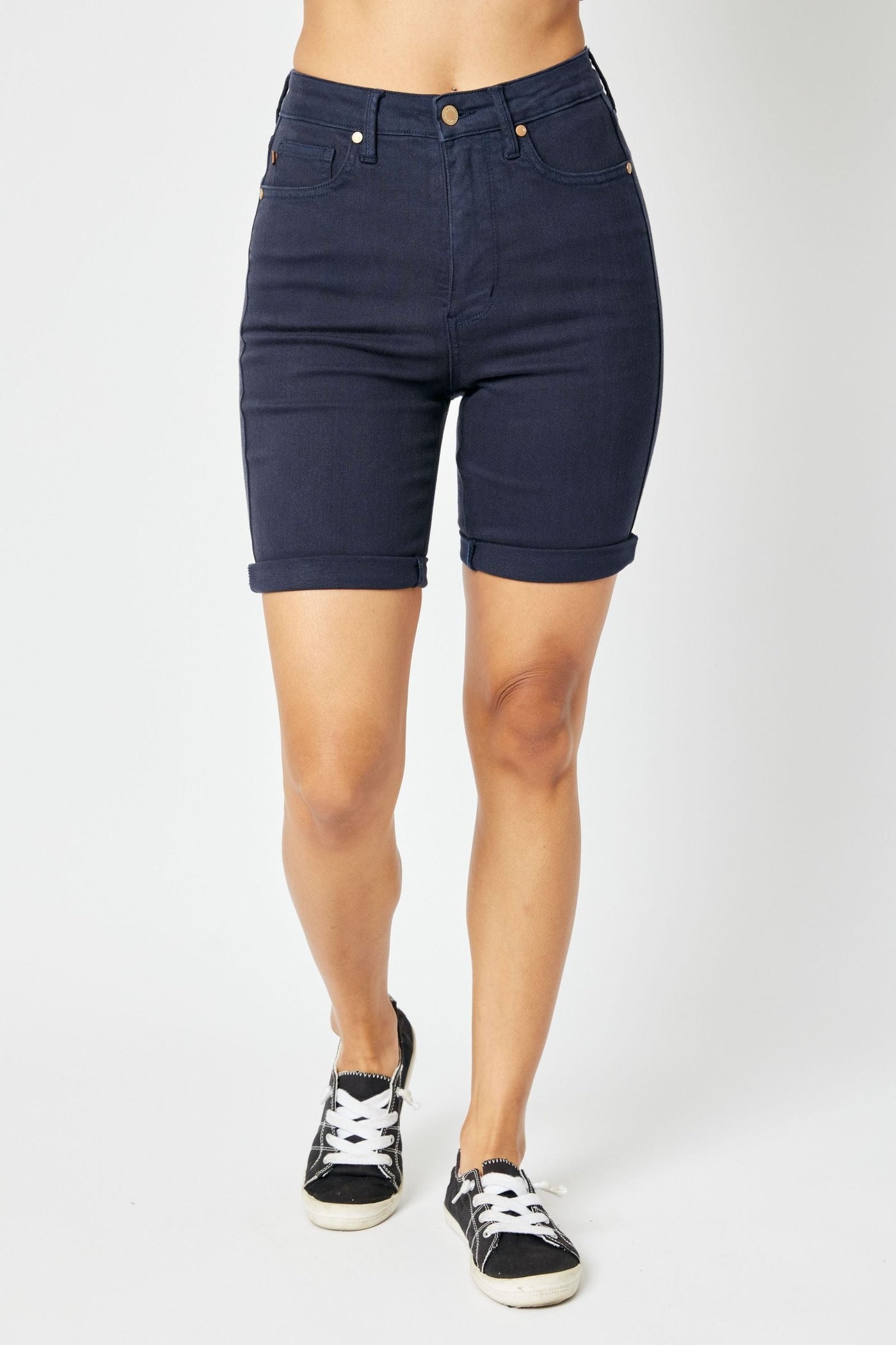 High-rise navy Bermuda shorts with tummy control, Judy Blue Shorts.
