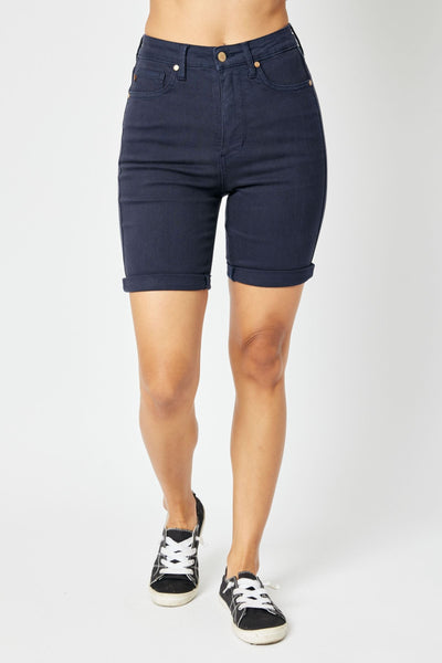 High-rise navy Bermuda shorts with tummy control, Judy Blue Shorts.