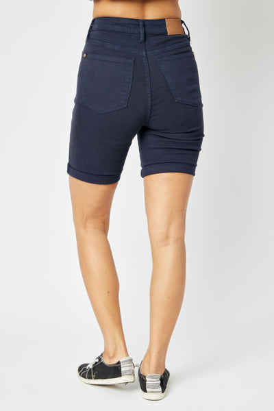 High-waist navy Judy Blue shorts with tummy control and Bermuda length.