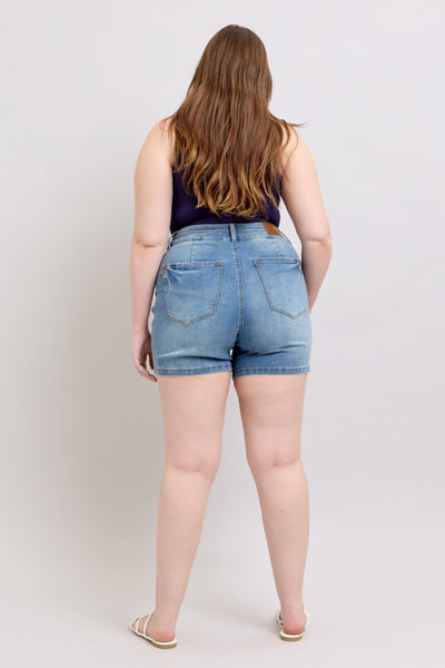 Highwaist tummy control double waistband denim shorts back view.