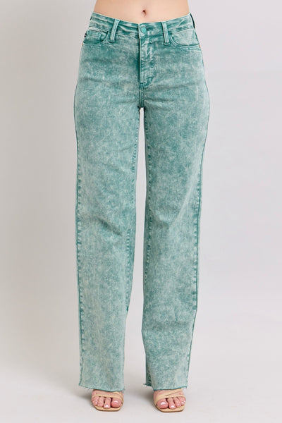 High waist sea green garment dyed dad jeans with raw hem.