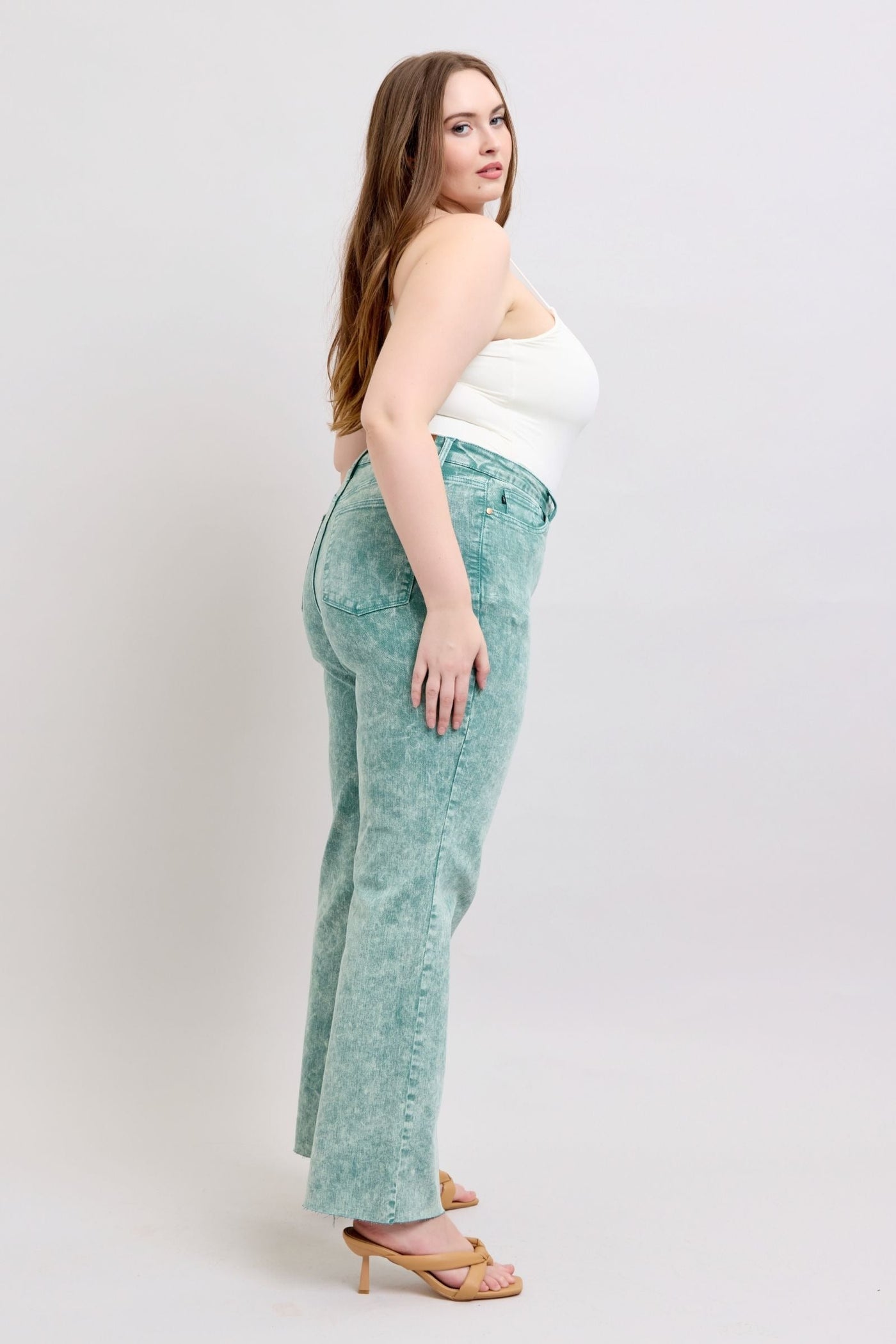 High Waist Garment Dyed Raw Hem Dad Jeans in Sea Green with relaxed fit.