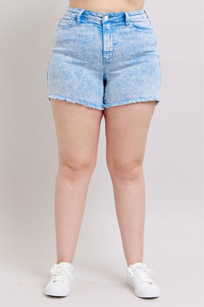 Mid-rise Judy Blue Shorts in vibrant cyan, featuring a raw hem and soft, stretchy fabric for comfort and ease.