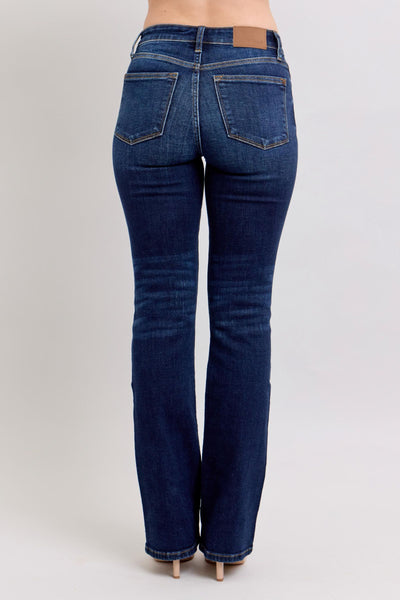 Dark wash bootcut Judy Blue Jeans 82586 with rear view showing pockets and stitching.