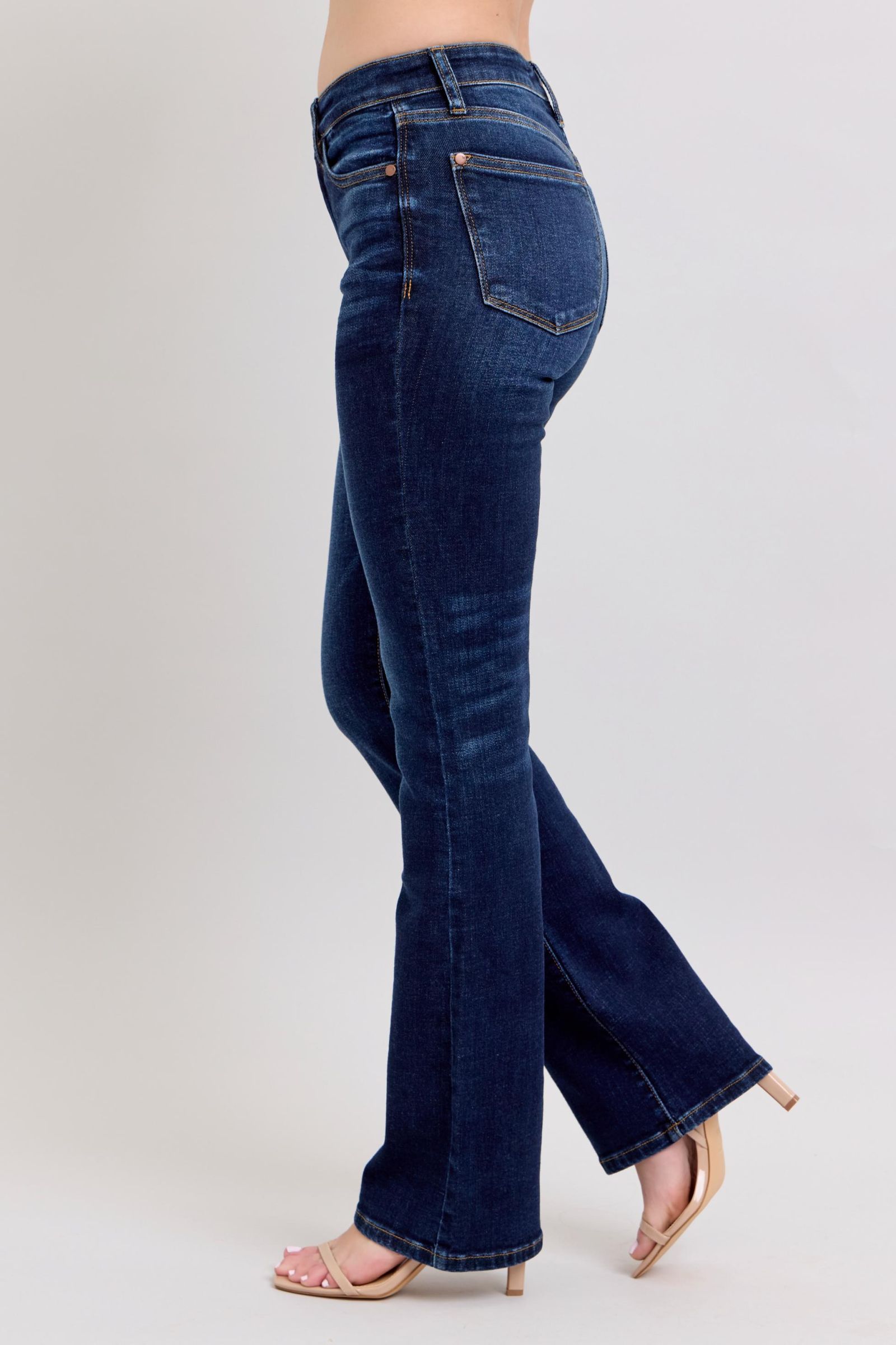 Dark wash bootcut Judy Blue Jeans 82586, side view.