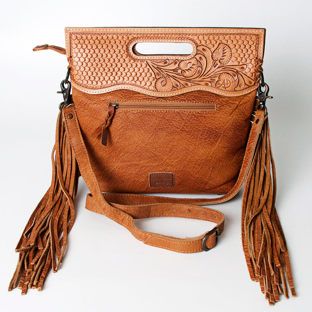 American Darling Clutch Handbag ADBGS145TAW made of hand-tooled vegetable tanned American cowhide leather with floral carving, leather fringes, adjustable strap, and antique metal fittings.