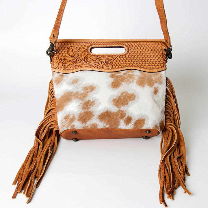 American Darling Clutch Handbag ADBGS145TAW with hand-tooled leather, cowhide hair-on genuine leather, leather fringes, and adjustable strap.