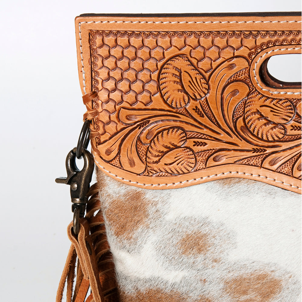 American Darling Clutch Handbag ADBGS145TAW detailed hand-tooled vegetable tanned cowhide leather with hair-on hide and leather fringes