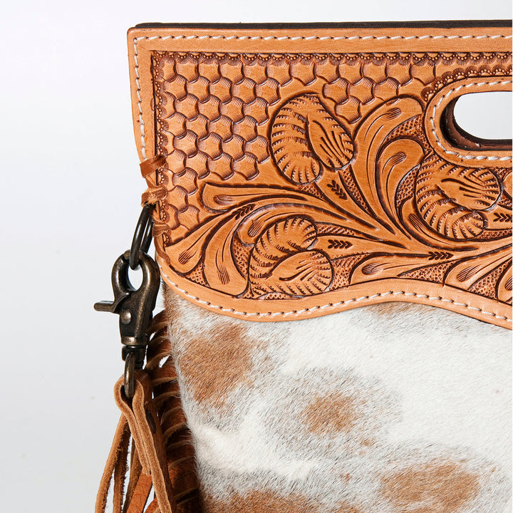 American Darling Clutch Handbag ADBGS145TAW detailed hand-tooled vegetable tanned cowhide leather with hair-on hide and leather fringes