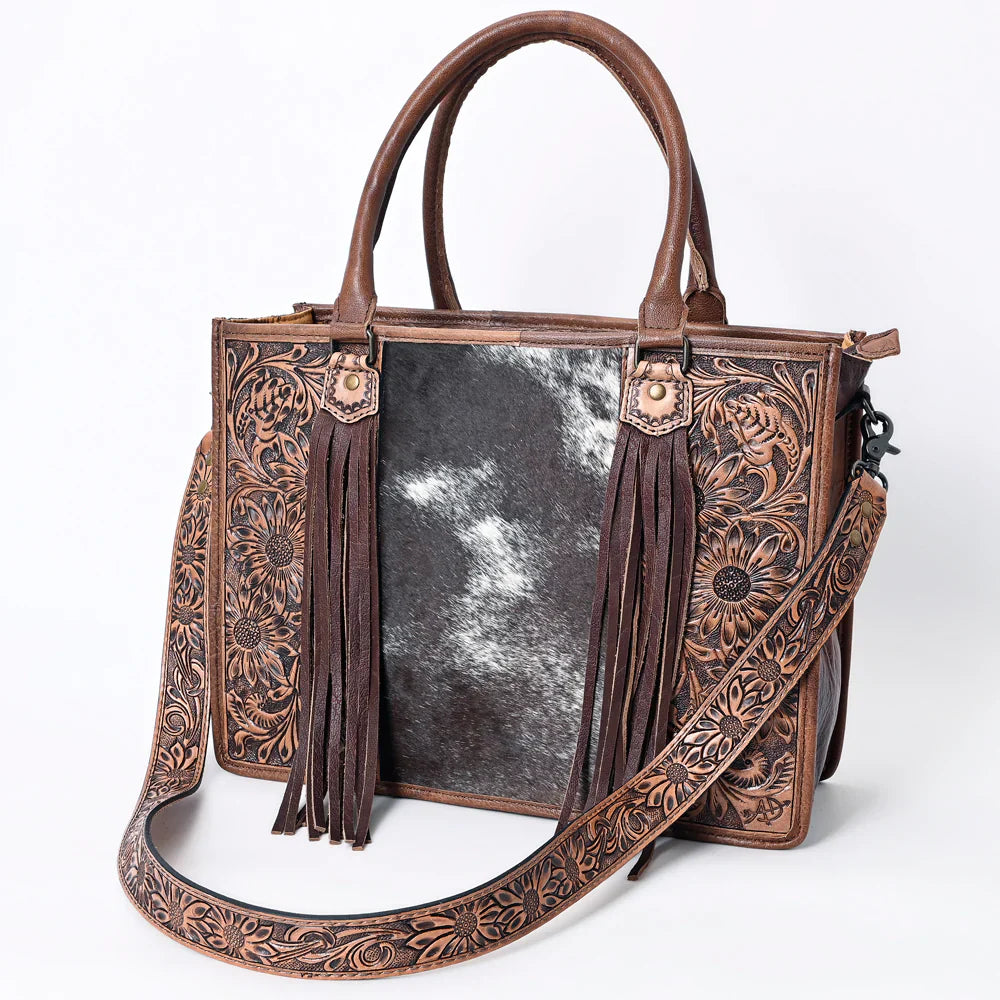 American Darling Briefcase ADBG230BRW brown leather with floral embossed design and fringe tassels