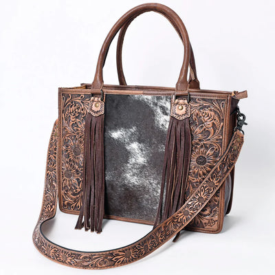 American Darling Briefcase ADBG230BRW brown leather with floral embossed design and fringe tassels