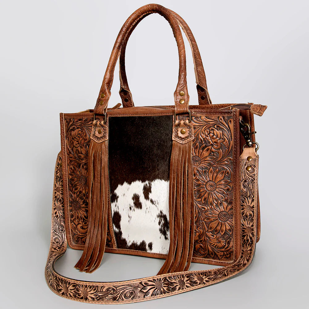 American Darling Briefcase ADBG230BRW brown leather with floral embossing and cowhide panel 12x16.5x5 inches