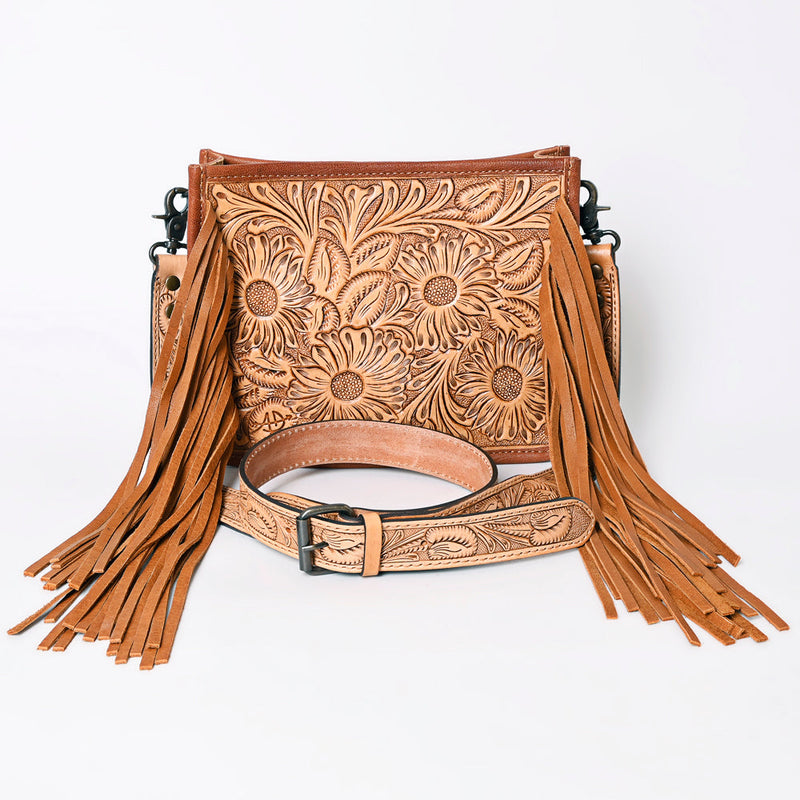 American Darling Crossbody Bag ADBG325 with embossed floral leather design and fringe detailing
