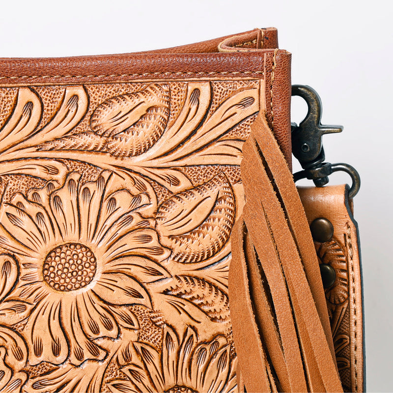 Close-up of tan leather American Darling Crossbody Bag ADBG325 with floral embossed design and tassel detail