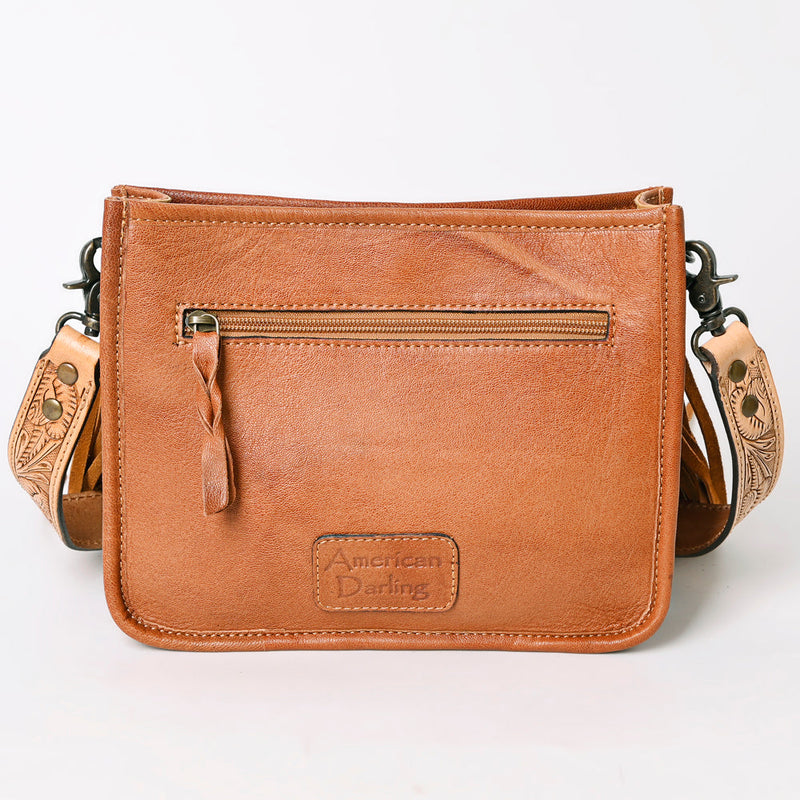 American Darling Crossbody Bag ADBG325 in tan leather with embossed logo and decorative strap