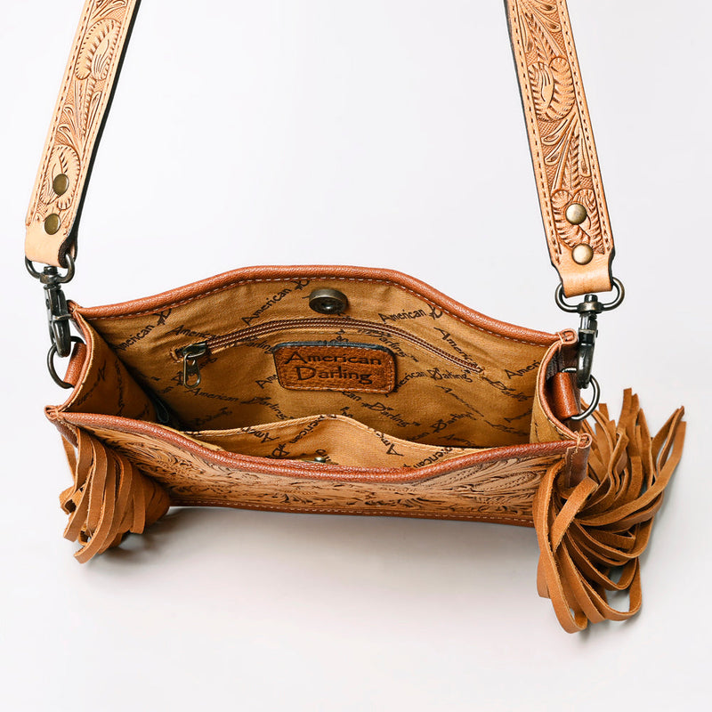 American Darling Crossbody Bag ADBG325 open tan leather bag with detailed embossed strap and fringe tassels