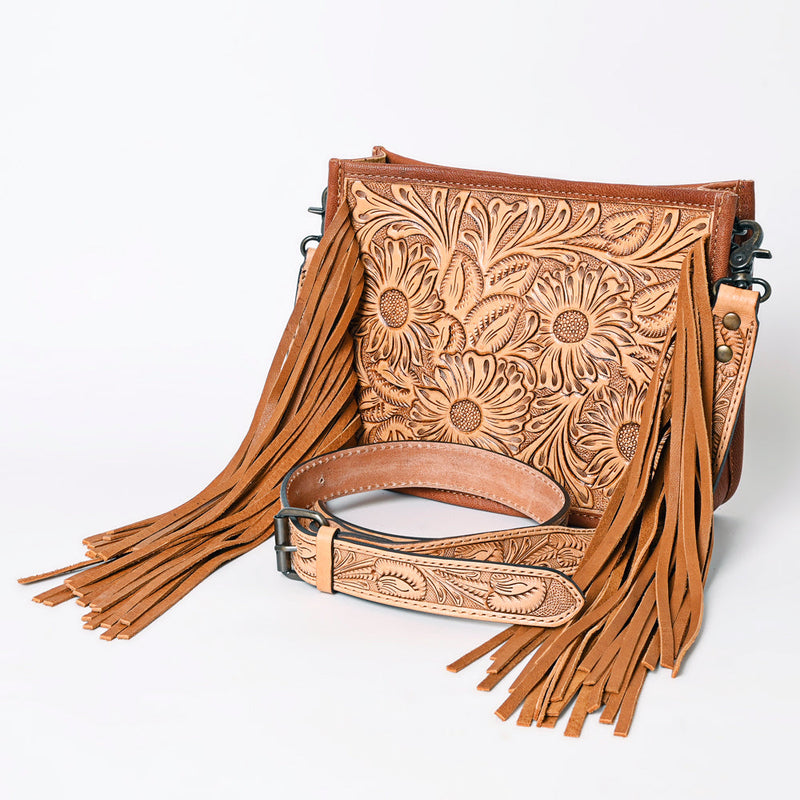 American Darling Crossbody Bag ADBG325 with intricate floral leather embossing and long fringe detailing